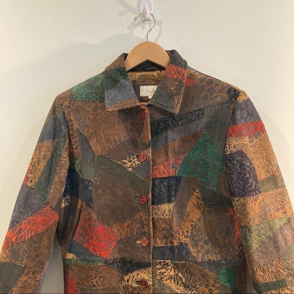 KROSHETTA Sz M Leather Patchwork Knee Length Colourful Lined Coat with Pockets - Picture 3 of 11